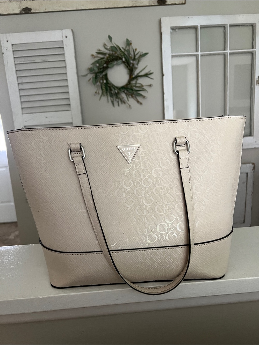 GUESS Cream Logo-Embossed Tote Bag